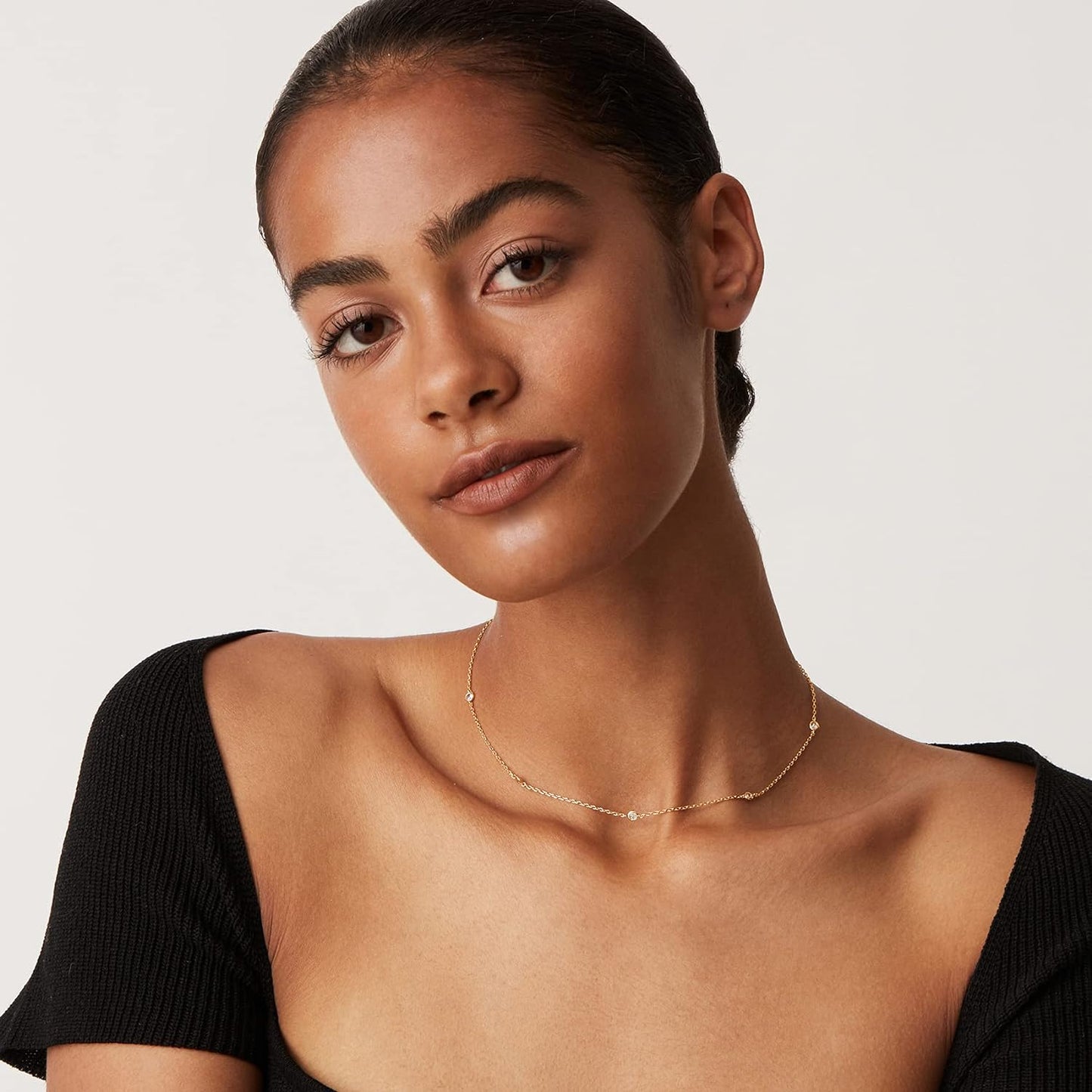 14K Gold Plated Station Necklace - Simulated Diamond BTY Layering Necklaces - Womens CZ Chain