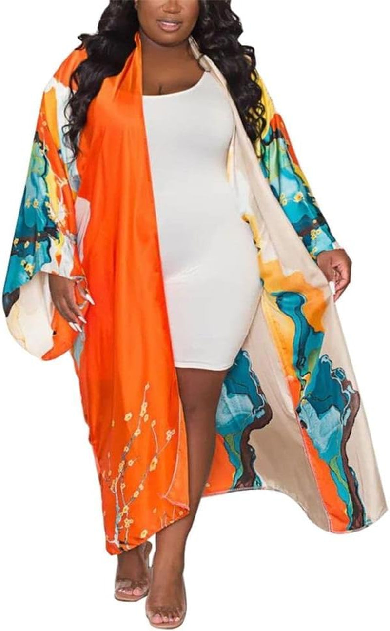 Summer Cardigan for Women Lightweight Satin Open Front Long Kimono Swimsuit Cover Ups Silk Robe plus Size