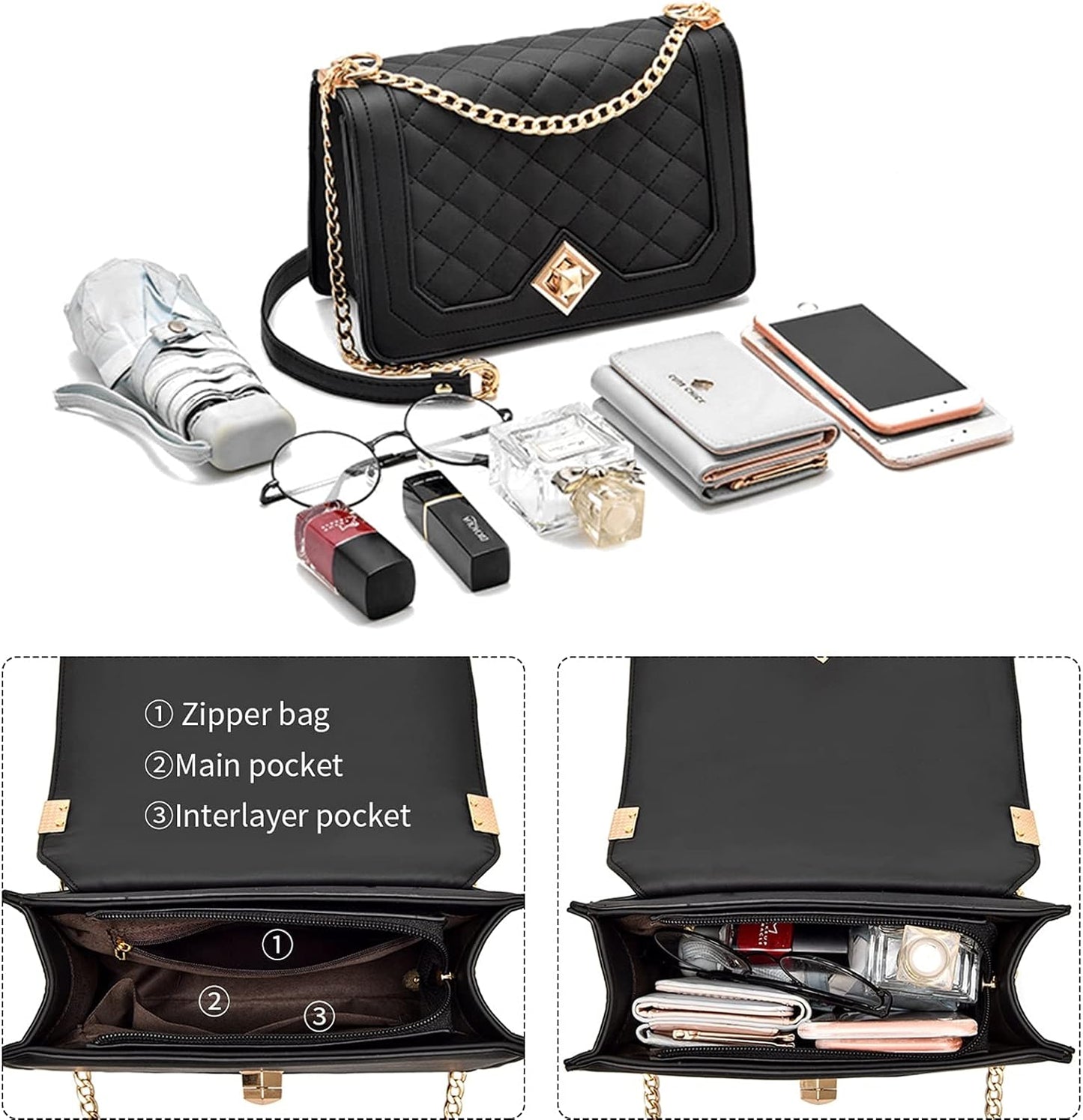 Crossbody Bags for Women Small Handbags PU Leather Shoulder Bag Purse Evening Bag Quilted Satchels with Chain Strap