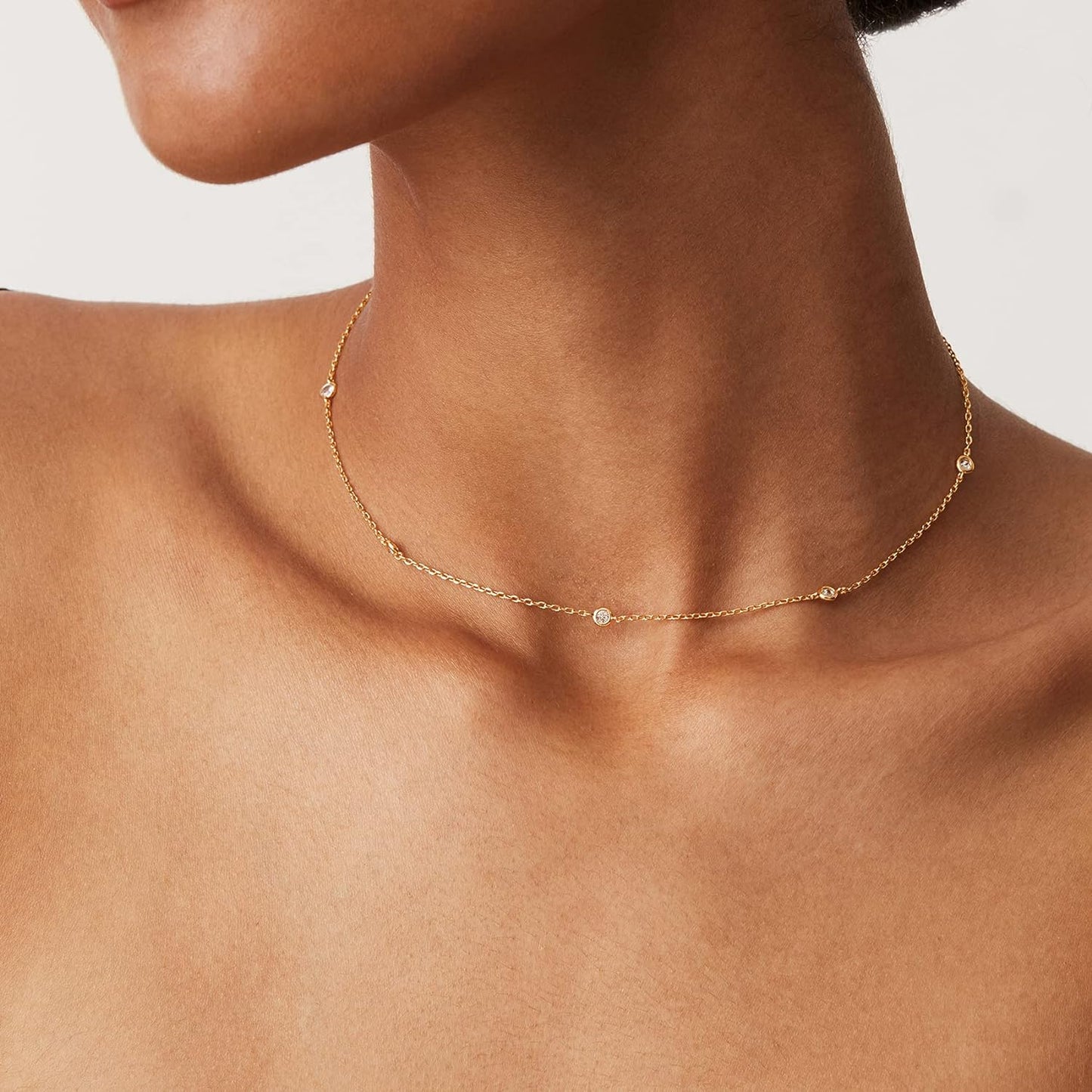 14K Gold Plated Station Necklace - Simulated Diamond BTY Layering Necklaces - Womens CZ Chain