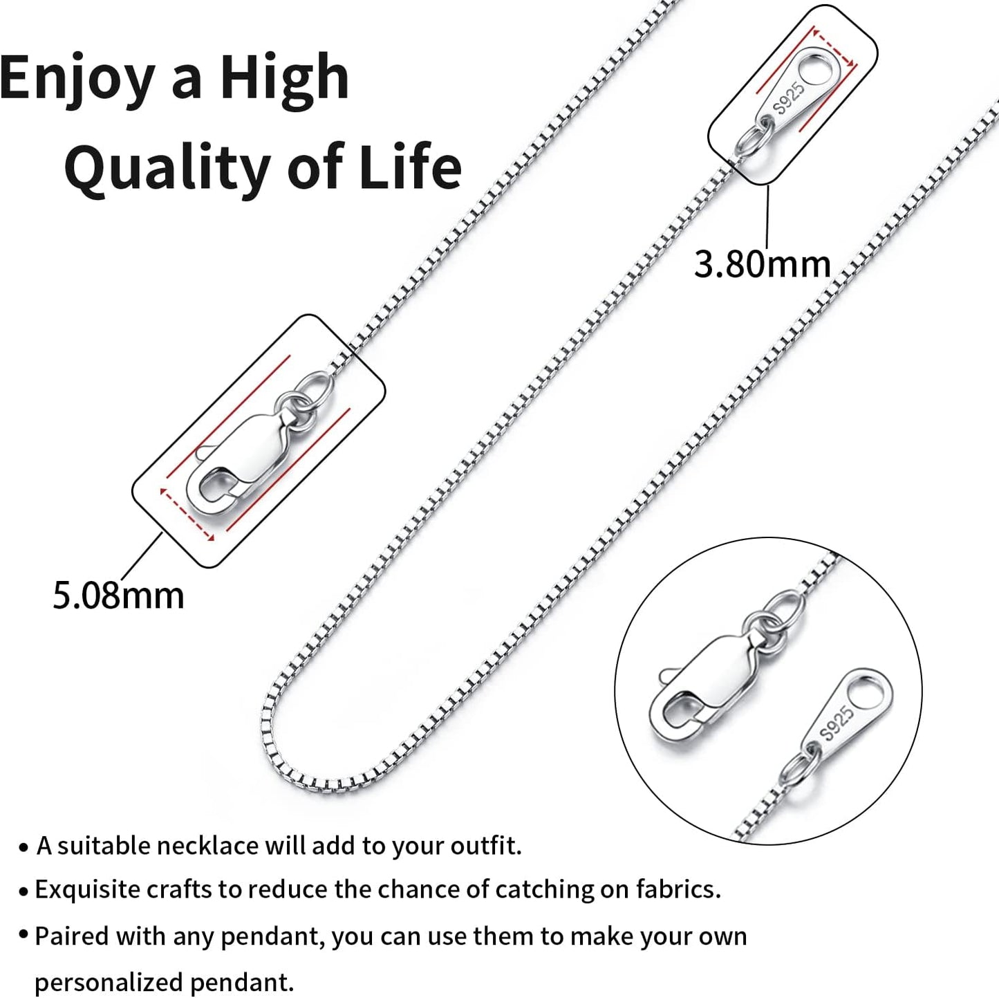 Solid 18K Gold over 925 Sterling Silver Chain Necklace for Women Girls, 0.8Mm Box Chain Lobster Claw Clasp-Super Thin & Strong Necklace Chain 16/18/20/22/24 Inch