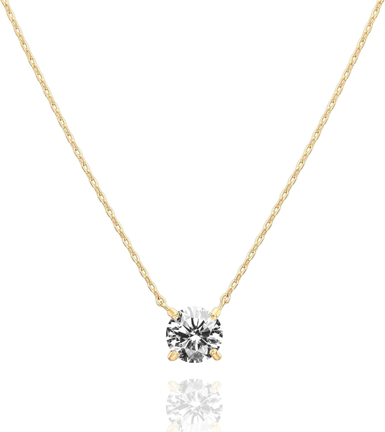 14K Gold Plated Crystal Solitaire 1.5 Carat (7.3Mm) Cubic Zirconia Dainty Choker Necklace | Gold Necklaces for Women
