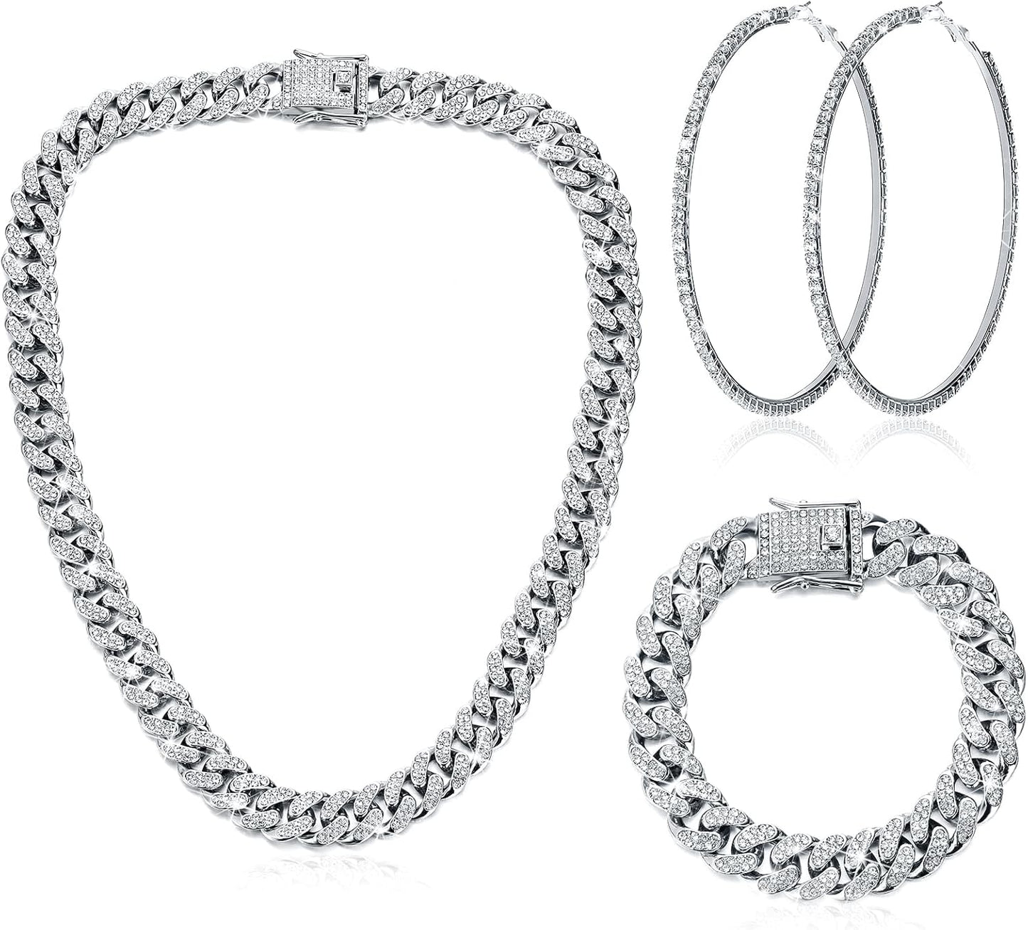 Cuban Link Chain Necklace Bracelet Rhinestone Earrings Bling Necklace Bracelet Crystal Big Circle Earring for Women