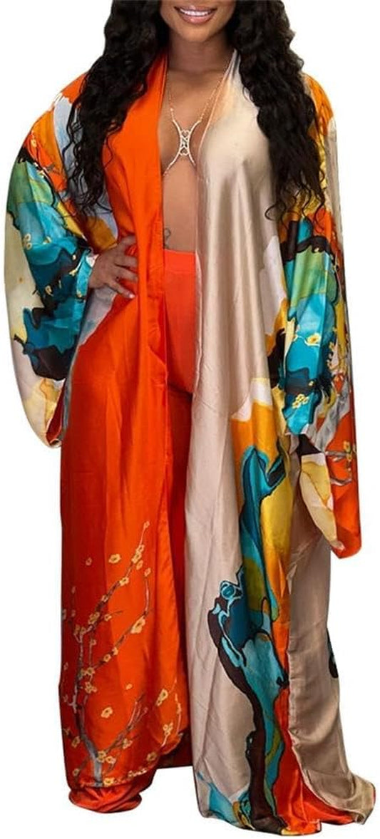 Summer Cardigan for Women Lightweight Satin Open Front Long Kimono Swimsuit Cover Ups Silk Robe plus Size