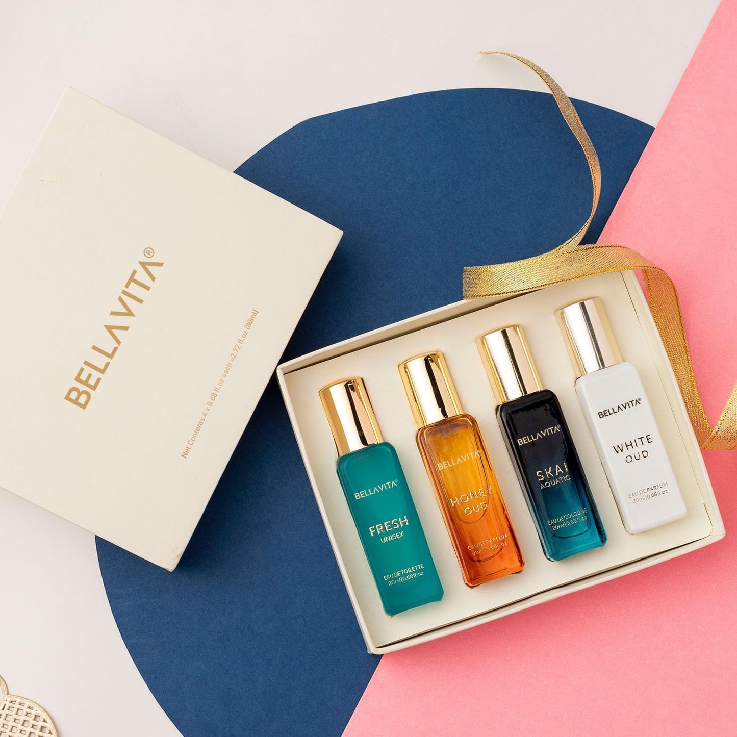 Bellavita Luxury Unisex Cologne Gift Set (4X20Ml) | Fragrances Includes Honey OUD, SKAI, FRESH & White OUD | Body Mist Mini Perfumes & Spicy Vanilla Perfume Oil | Unisex Perfume for Women & Men