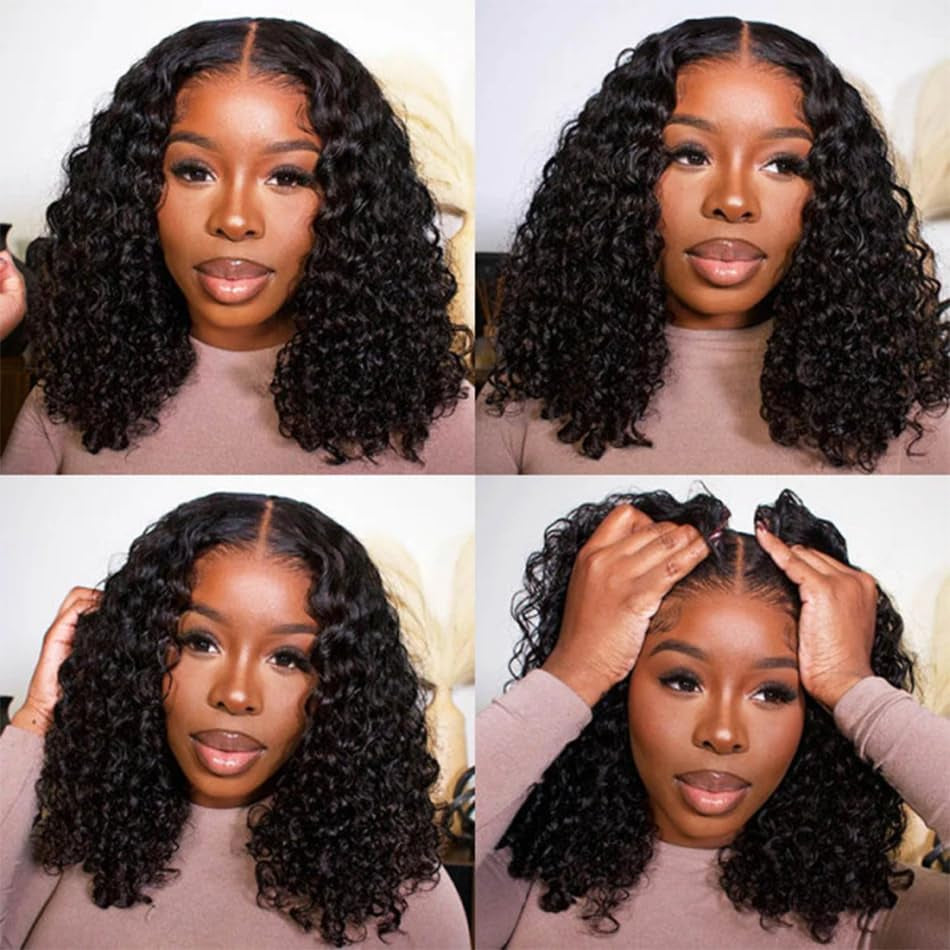 14 Inch Short Bob Wigs 13X4 Deep Wave Bob Wig Human Hair 180% Density Deep Curly 100% Virgin Human Hair Pre Plucked Wet and Wavy Glueless Transparent Lace Frontal Wig for Women Natural Hairline