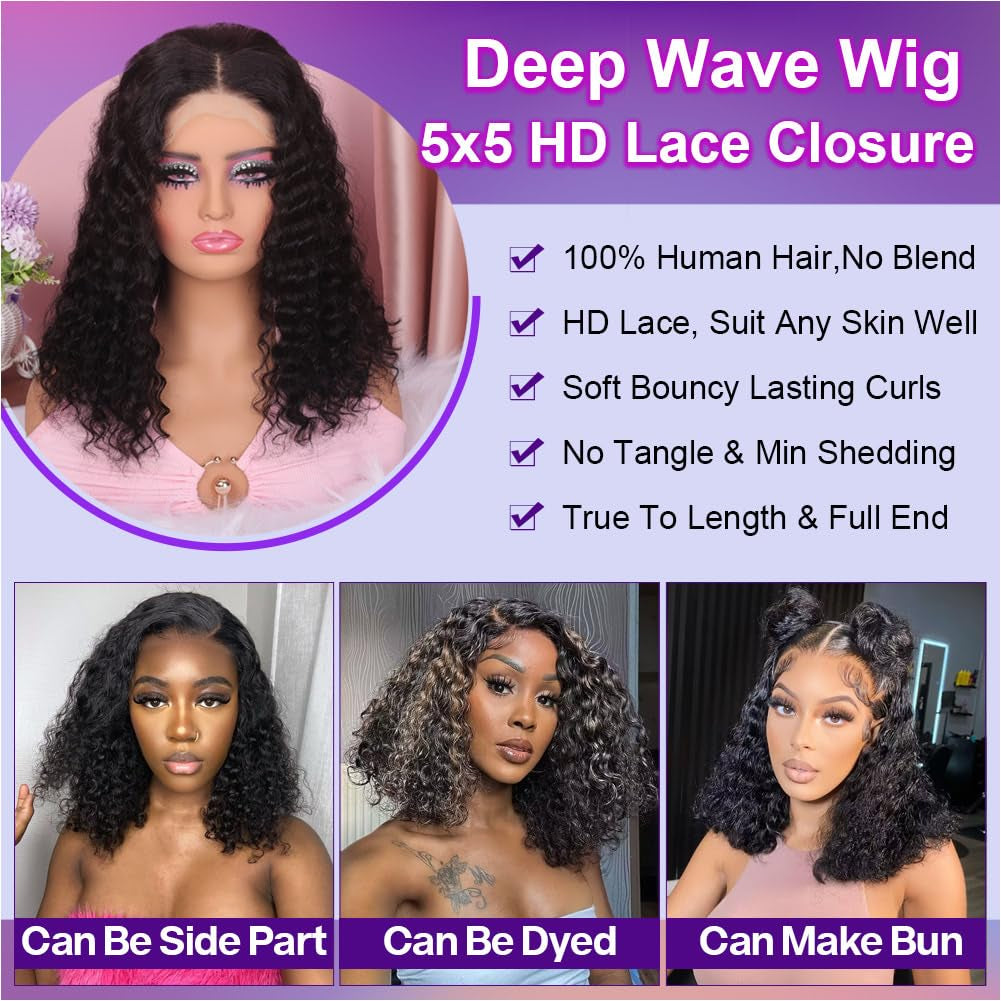 Glueless Curly Wigs Human Hair Pre Plucked Curly BOB Wig Human Hair 5X5 HD Lace Closure Wigs Human Hair Wigs for Women Black Deep Wave Pre Plucked Lace Wig Wear and Go 180 Density 14 Inch