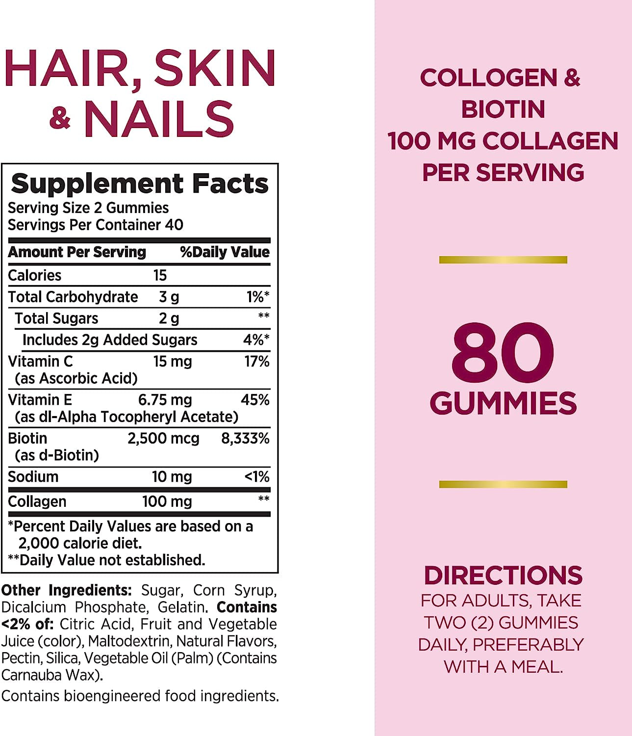 Optimal Solutions Hair, Skin & Nails with Biotin and Collagen, Citrus-Flavored Gummies Vitamin Supplement, 2500 Mcg, 80 Ct