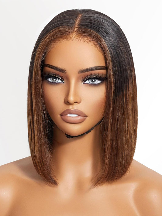 10" Mix Brown Glueless Bob Wigs Human Hair Pre Plucked, 5X5 HD Lace Closure Wigs Human Hair 180 Density, Ready to Go Wig with Bleached Knots & Pre Cut Lace