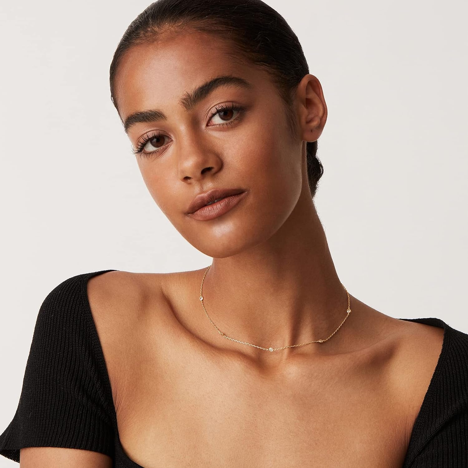 14K Gold Plated Station Necklace - Simulated Diamond BTY Layering Necklaces - Womens CZ Chain