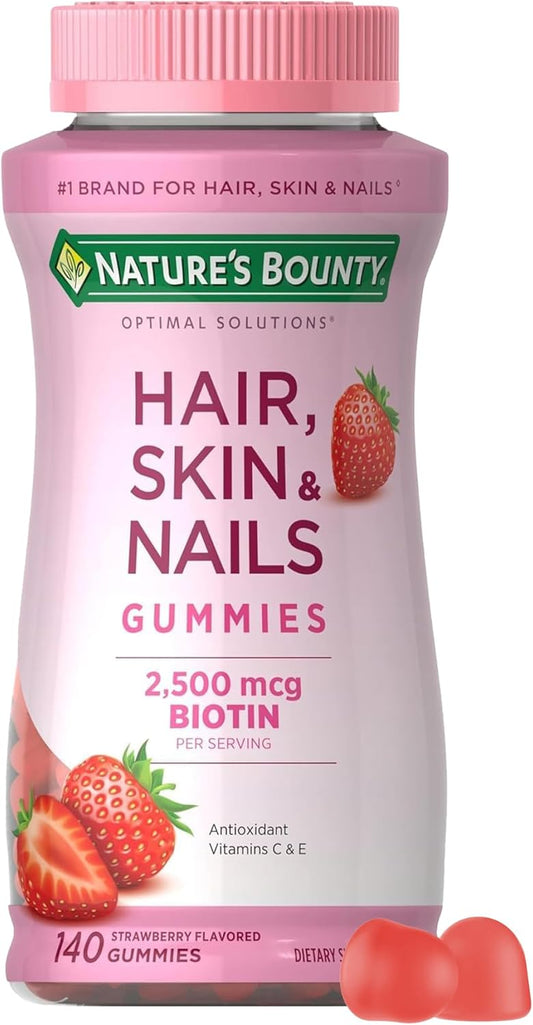 Hair, Skin & Nails with Biotin, Strawberry Gummies Vitamin Supplement, Supports Hair, Skin, and Nail Health for Women, 2500 Mcg, 140 Ct