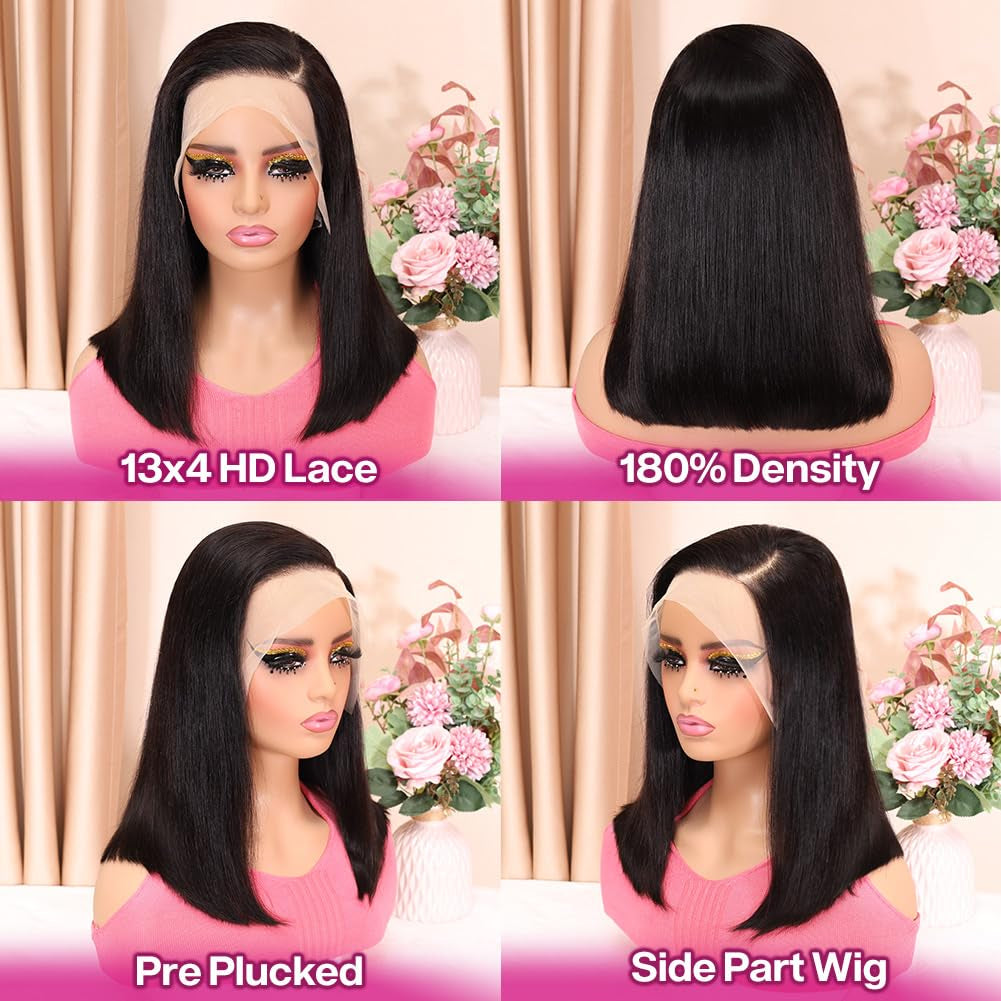 Bob Wig Human Hair 13X4 HD Lace Front Wig Glueless Wigs Human Hair Pre Plucked Short Bob Lace Front Wigs Human Hair for Black Women Nature Hairline 180% Density 14 Inch