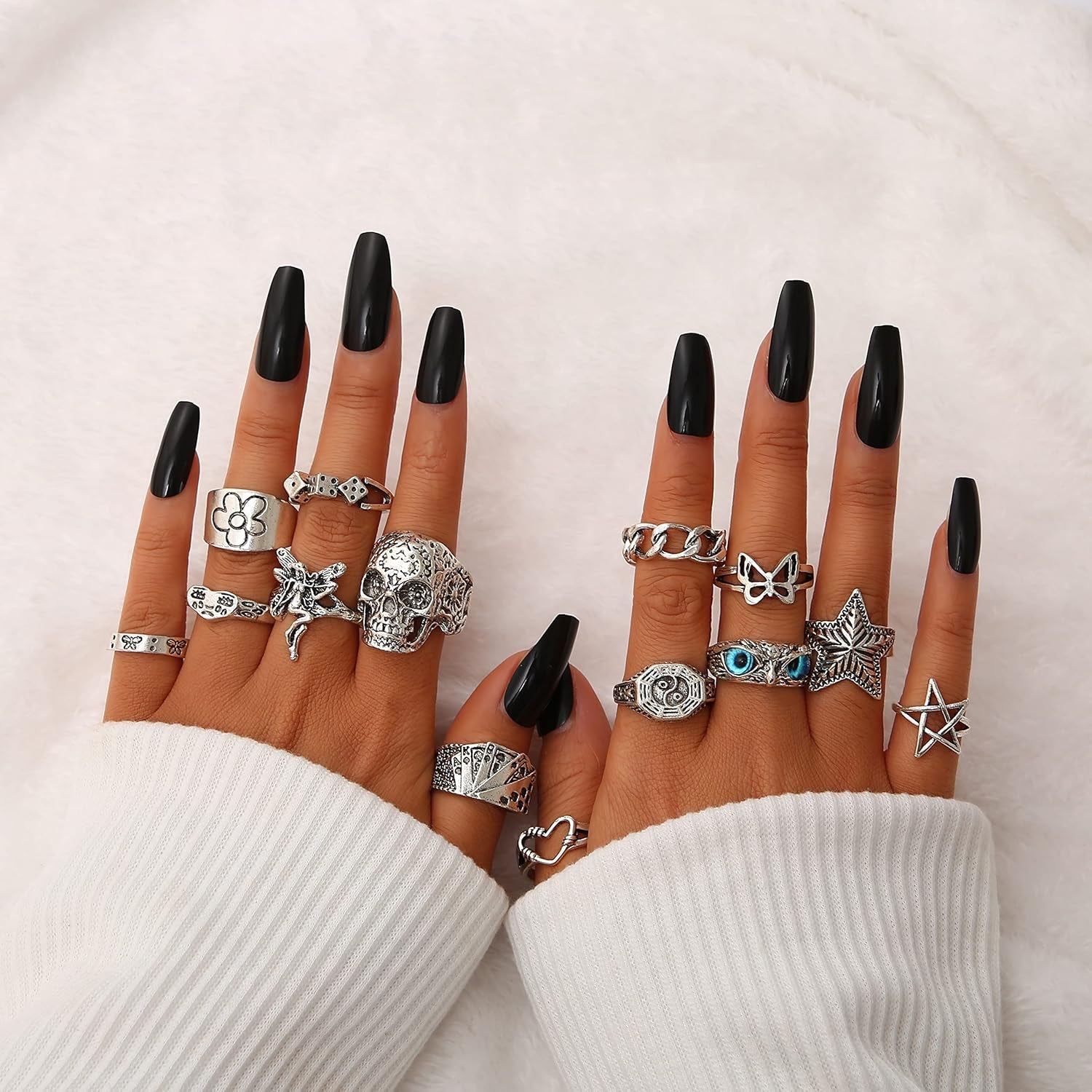 Vintage Silver Open Punk Rings for Men Women, 24PCS Adjustable Rings, Alt Rings, Chunky Silver Rings, Bulky Rings, Hippie Rings ,Cool Gothic Ring,Statement Stacking Ring, Skull Snake Star Flower Heart Eboy Emo Y2K Ring