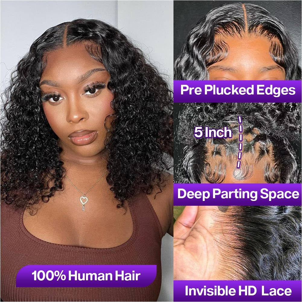 Glueless Curly Wigs Human Hair Pre Plucked Curly BOB Wig Human Hair 5X5 HD Lace Closure Wigs Human Hair Wigs for Women Black Deep Wave Pre Plucked Lace Wig Wear and Go 180 Density 14 Inch