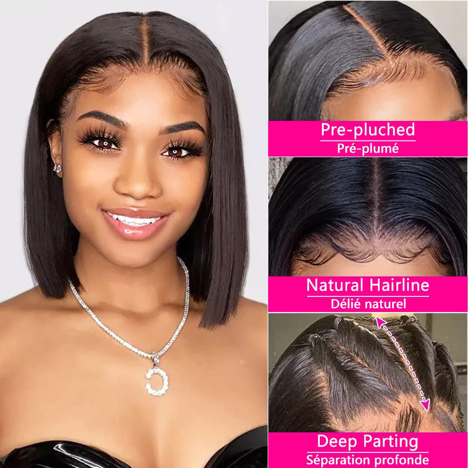 Bob Wig Lace Front Wigs Pre Plucked with Baby Hair 180% Density Short Bob Wigs for Women Straight Bob Frontal Wigs Natural Black (12Inch)