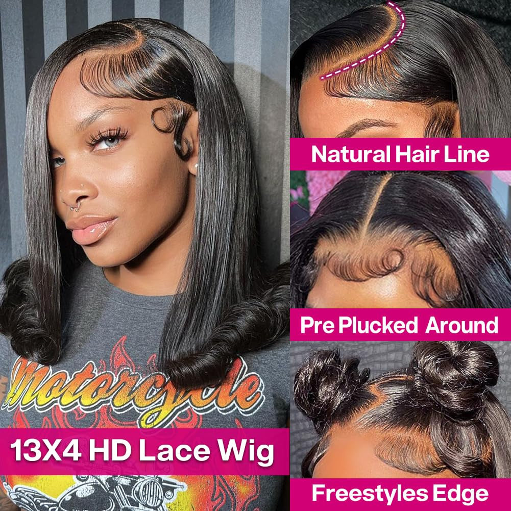 Bob Wig Human Hair 13X4 HD Lace Front Wig Glueless Wigs Human Hair Pre Plucked Short Bob Lace Front Wigs Human Hair for Black Women Nature Hairline 180% Density 14 Inch