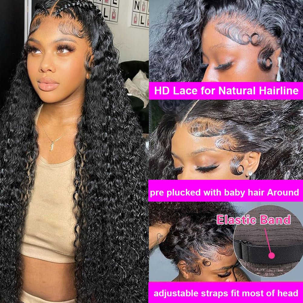 30 Inch Deep Wave Lace Front Wigs Human Hair 200 Density 13X4 HD Lace Frontal Wigs Human Hair Pre Plucked Deep Curly Glueless Wigs Human Hair for Women Natural Black