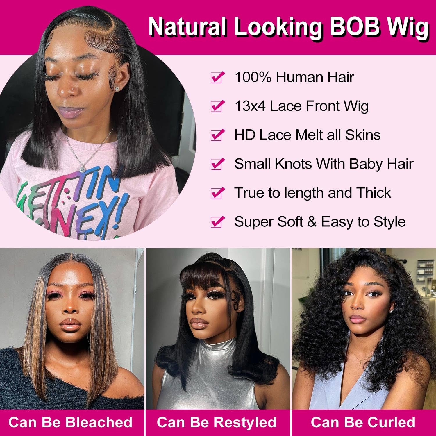 Bob Wig Human Hair 13X4 HD Lace Front Wig Glueless Wigs Human Hair Pre Plucked Short Bob Lace Front Wigs Human Hair for Black Women Nature Hairline 180% Density 14 Inch