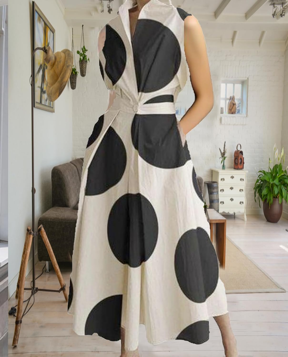 Lapel A-Line Loose 2024 Summer Long Dress High Waist Pleated Robe Maxi Dress Cotton Shirt Dress for Womens with Pockets