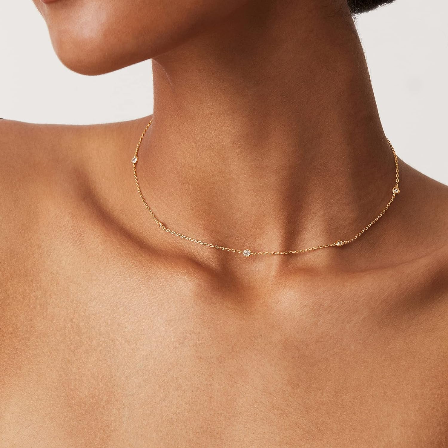 14K Gold Plated Station Necklace - Simulated Diamond BTY Layering Necklaces - Womens CZ Chain