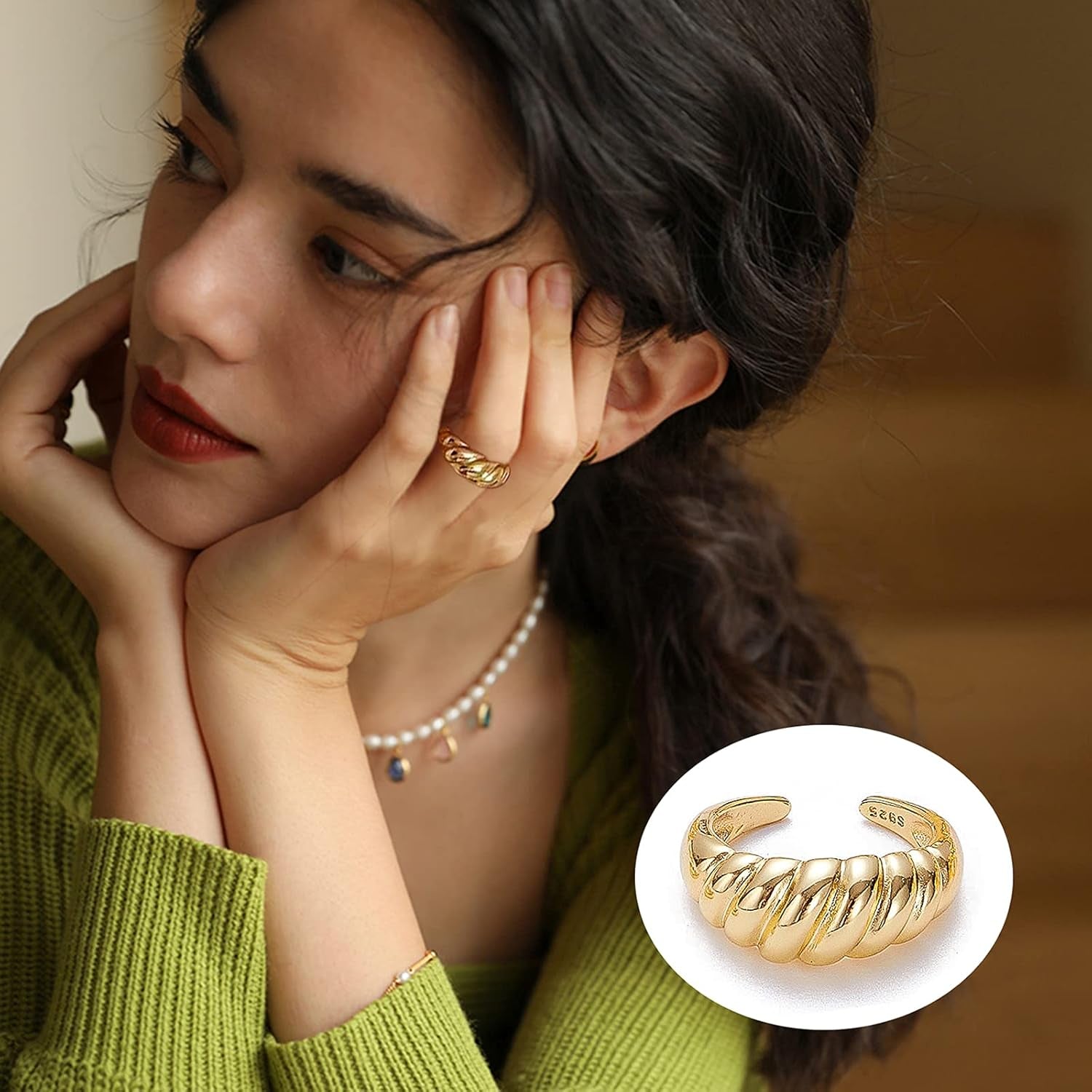 10PCS Gold Dome Chunky Rings for Women 18K Gold Plated Braided Twisted round Signet Rings Adjustable Open Ring Band Statement Jewelry Size 7-9