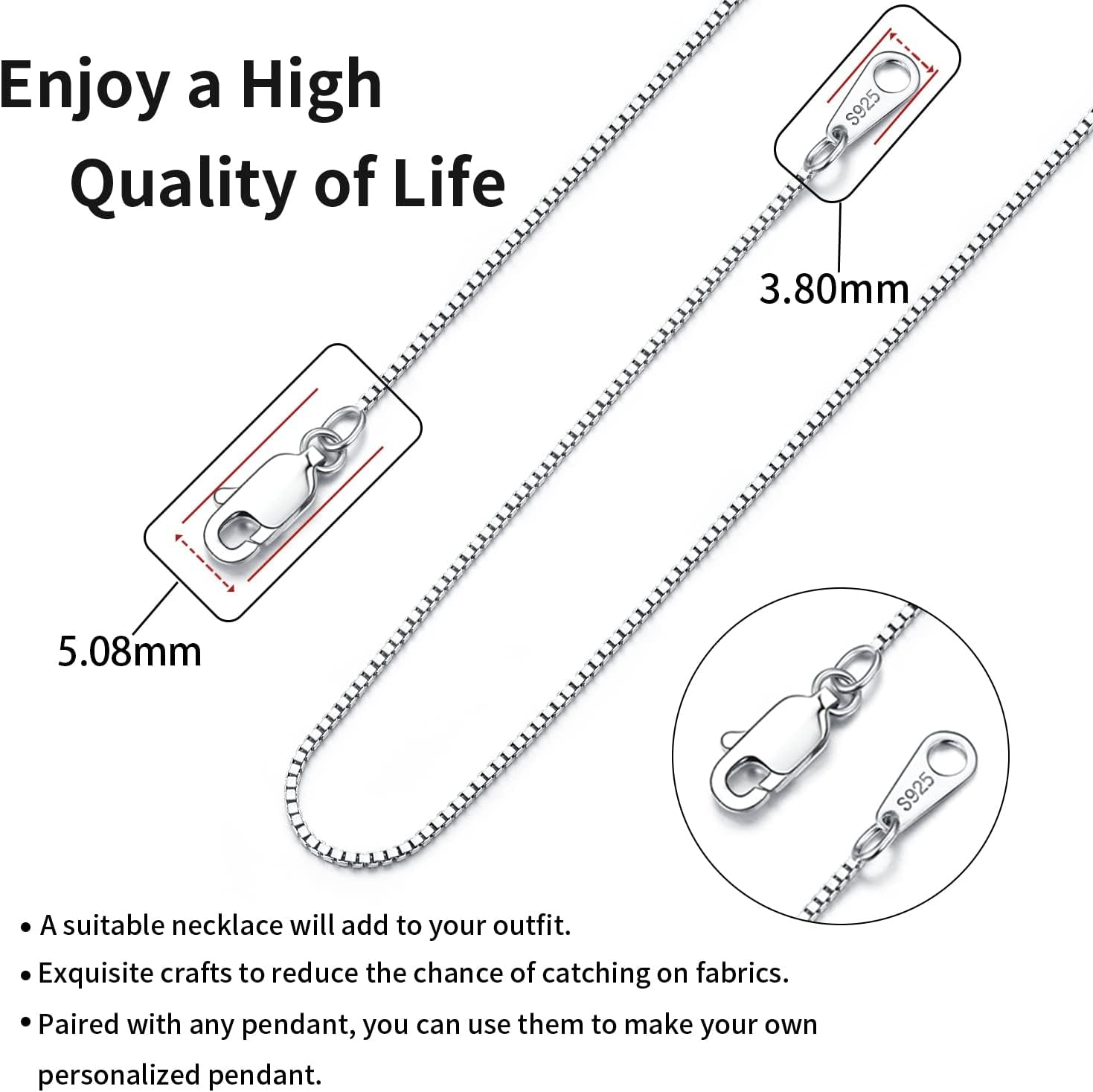 Solid 18K Gold over 925 Sterling Silver Chain Necklace for Women Girls, 0.8Mm Box Chain Lobster Claw Clasp-Super Thin & Strong Necklace Chain 16/18/20/22/24 Inch