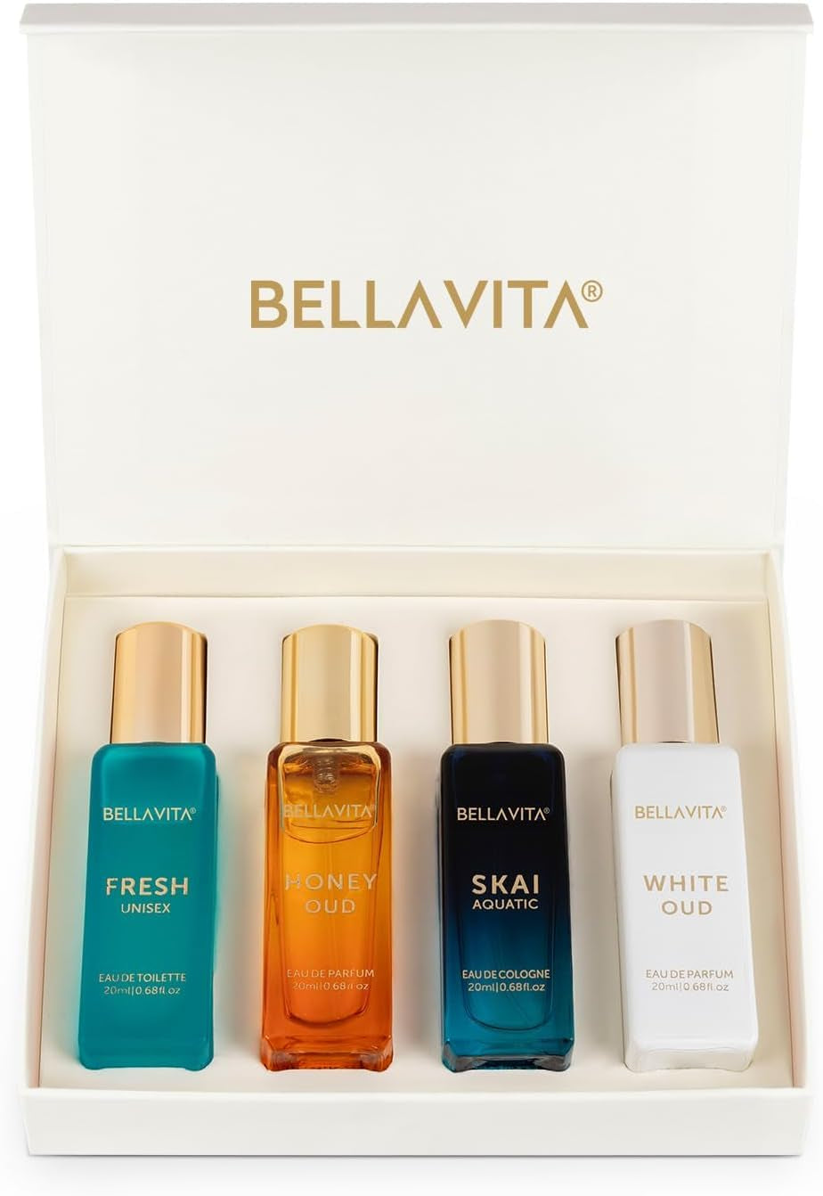 Bellavita Luxury Unisex Cologne Gift Set (4X20Ml) | Fragrances Includes Honey OUD, SKAI, FRESH & White OUD | Body Mist Mini Perfumes & Spicy Vanilla Perfume Oil | Unisex Perfume for Women & Men