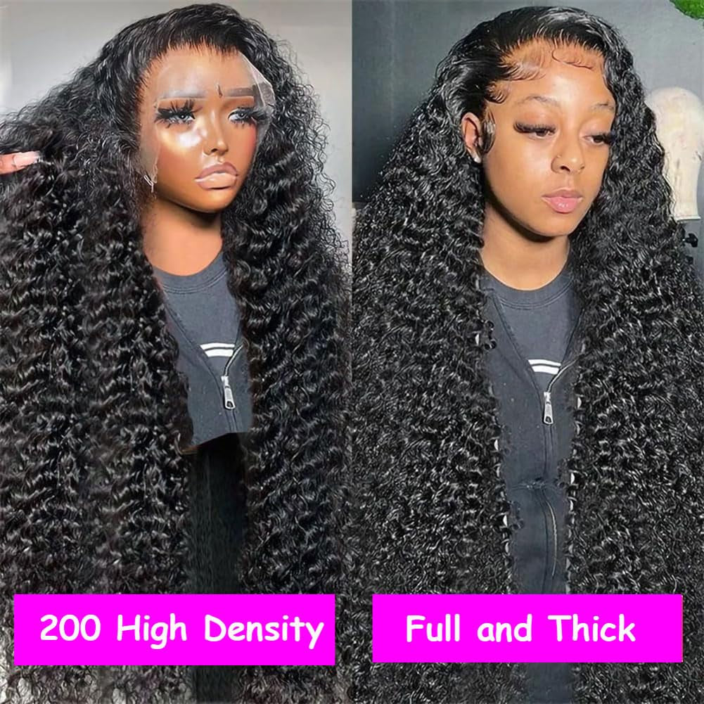 30 Inch Deep Wave Lace Front Wigs Human Hair 200 Density 13X4 HD Lace Frontal Wigs Human Hair Pre Plucked Deep Curly Glueless Wigs Human Hair for Women Natural Black