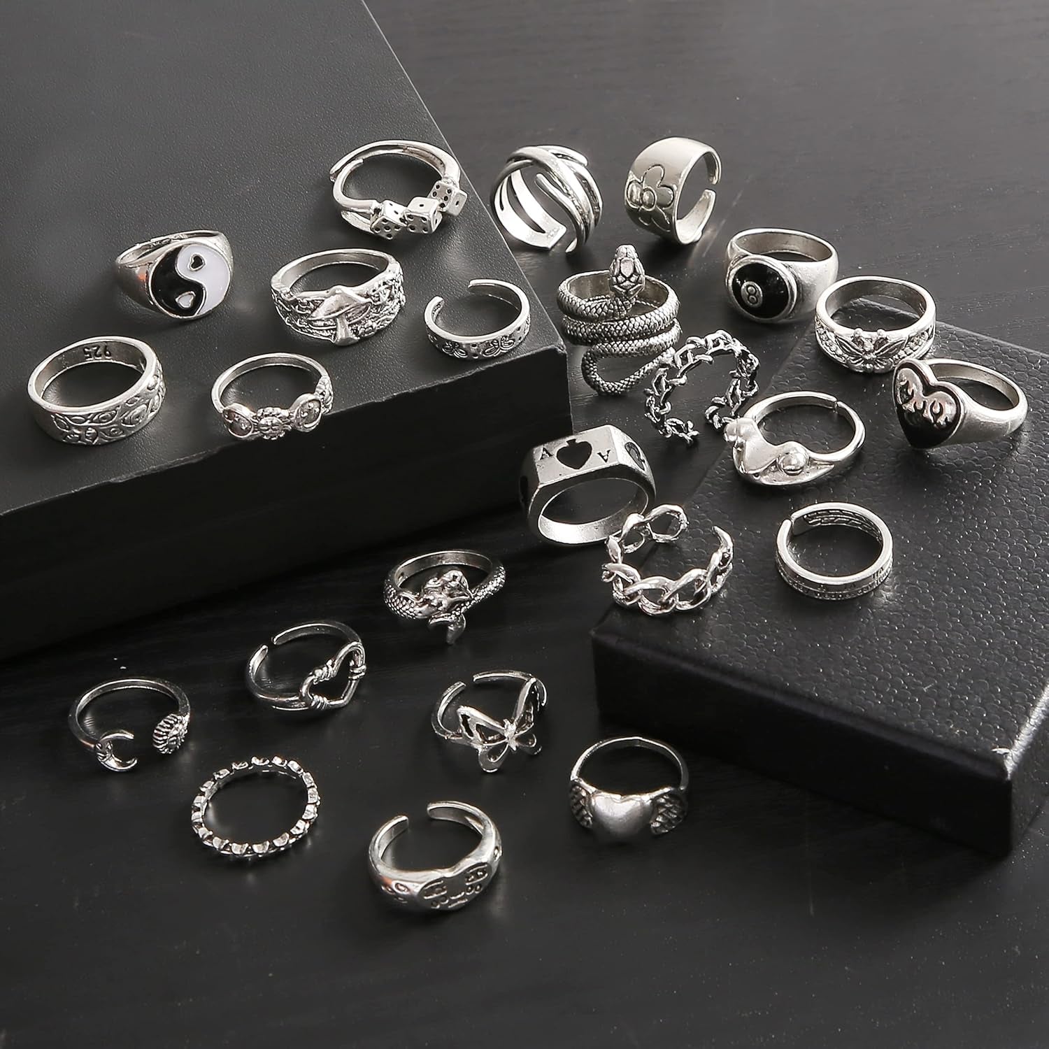 Vintage Silver Open Punk Rings for Men Women, 24PCS Adjustable Rings, Alt Rings, Chunky Silver Rings, Bulky Rings, Hippie Rings ,Cool Gothic Ring,Statement Stacking Ring, Skull Snake Star Flower Heart Eboy Emo Y2K Ring