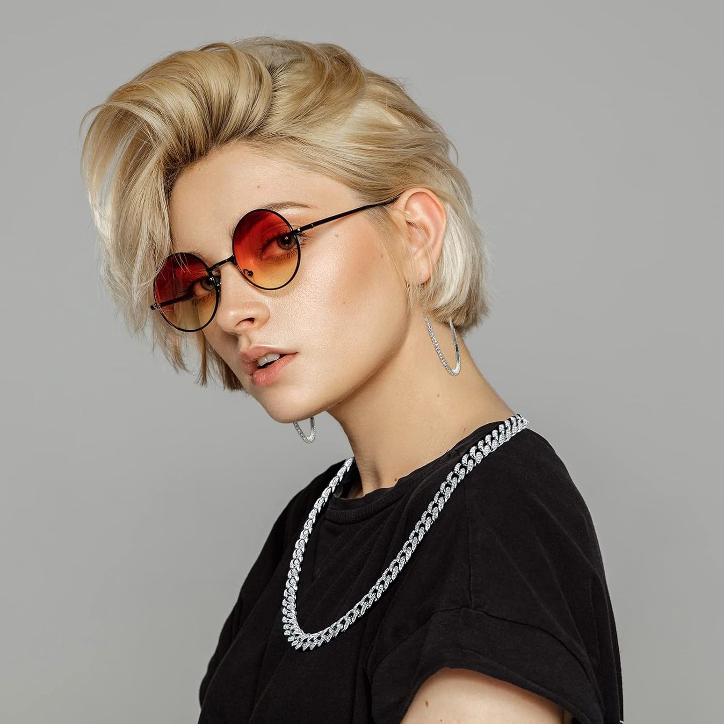 Cuban Link Chain Necklace Bracelet Rhinestone Earrings Bling Necklace Bracelet Crystal Big Circle Earring for Women