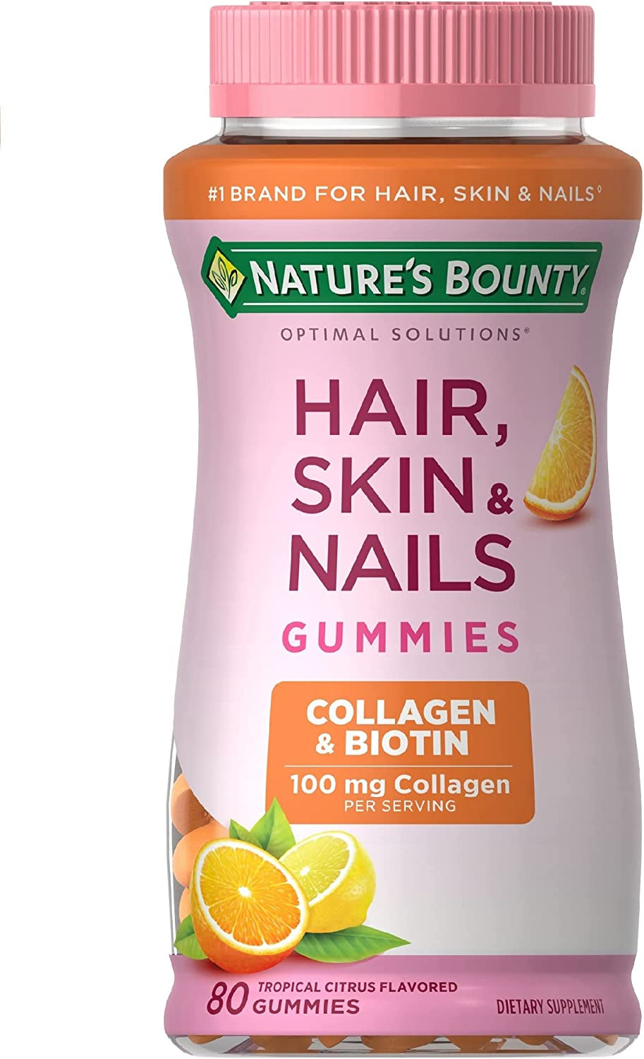 Optimal Solutions Hair, Skin & Nails with Biotin and Collagen, Citrus-Flavored Gummies Vitamin Supplement, 2500 Mcg, 80 Ct