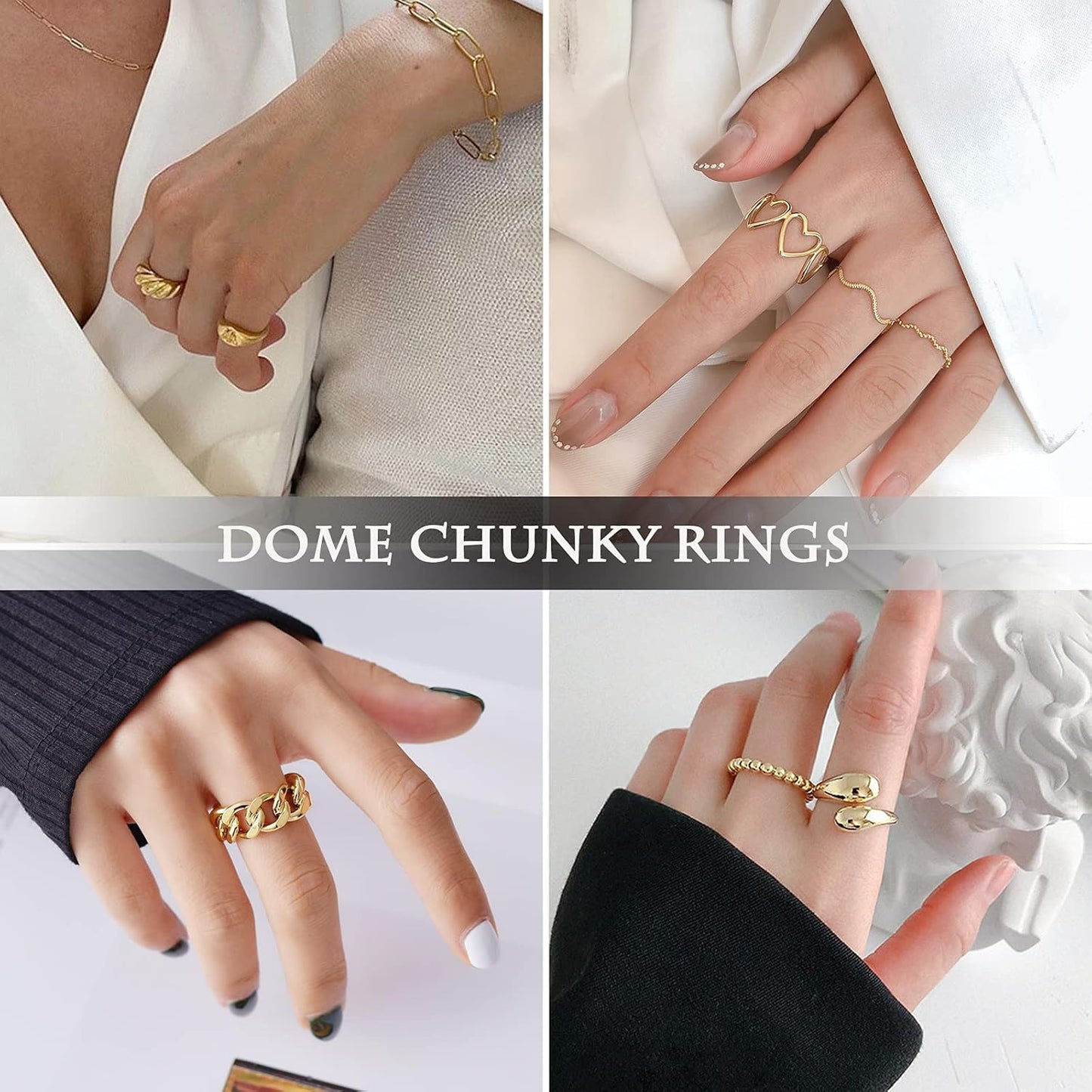 10PCS Gold Dome Chunky Rings for Women 18K Gold Plated Braided Twisted round Signet Rings Adjustable Open Ring Band Statement Jewelry Size 7-9