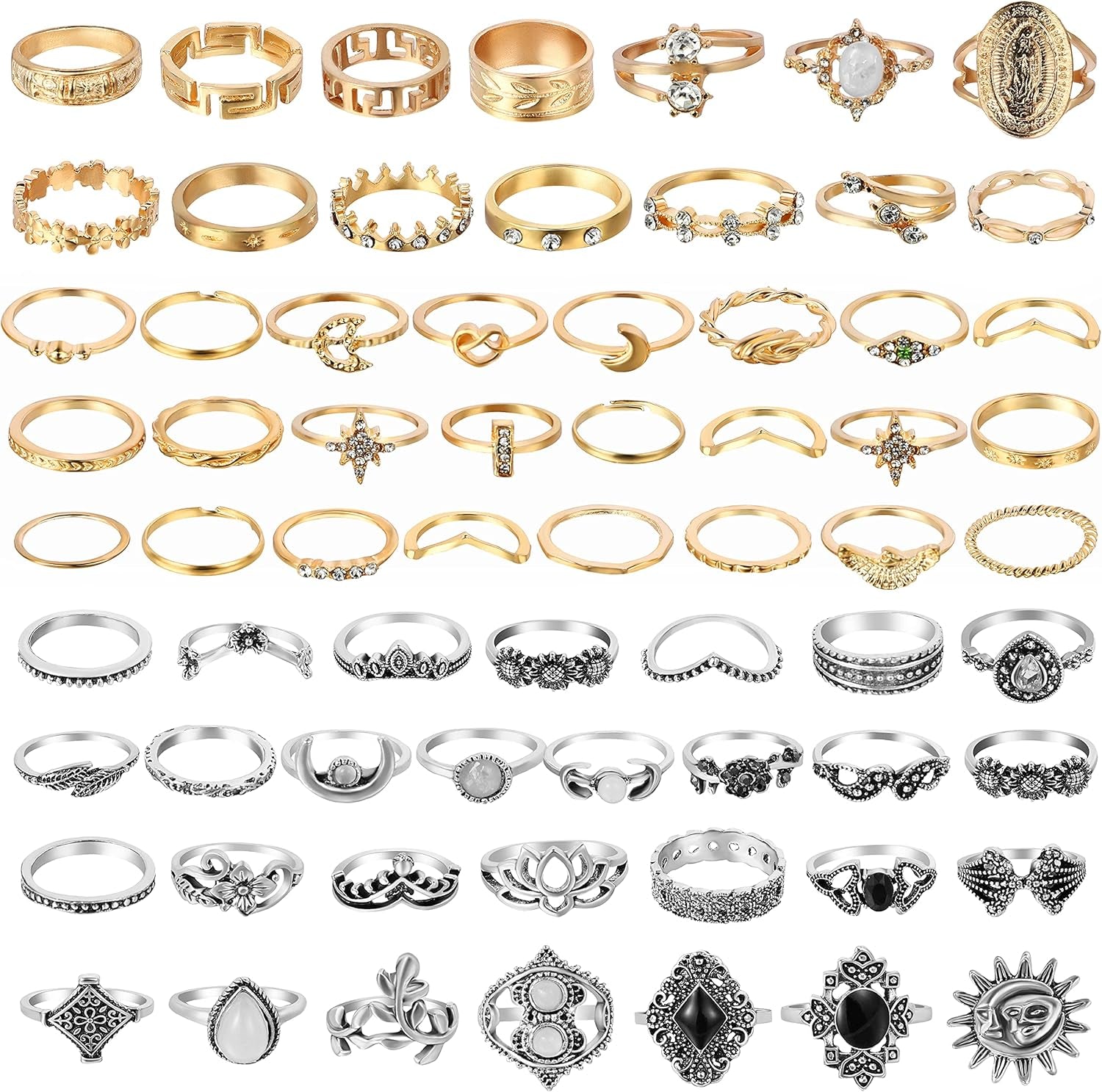 67Pcs Vintage Knuckle Rings Set Stackable Finger Midi Rings for Women Bohemian Hollow Carved Flowers Gold & Silver Crystal Joint Circlet with Storage Bag