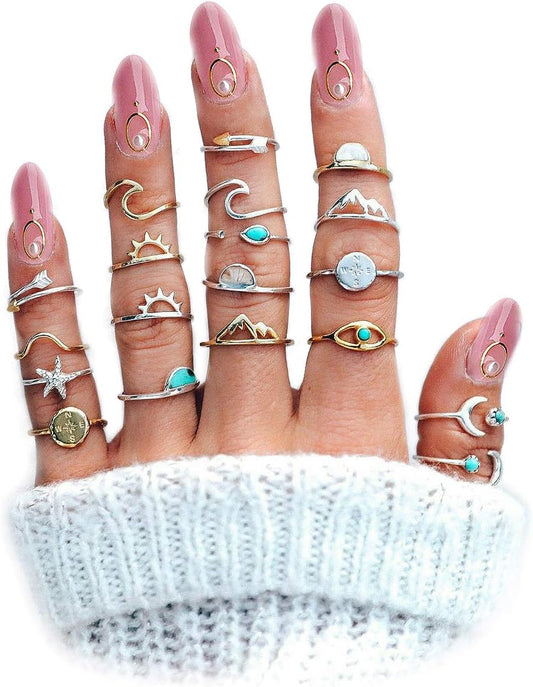 Boho Retro Stackable Rings Sets for Women Knuckle Joint Finger Knuckle Nail Ring Sets Moon Stars Stack Preppy Statement Rings Cute Trendy Stuff Jewelry