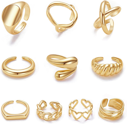 10PCS Gold Dome Chunky Rings for Women 18K Gold Plated Braided Twisted round Signet Rings Adjustable Open Ring Band Statement Jewelry Size 7-9