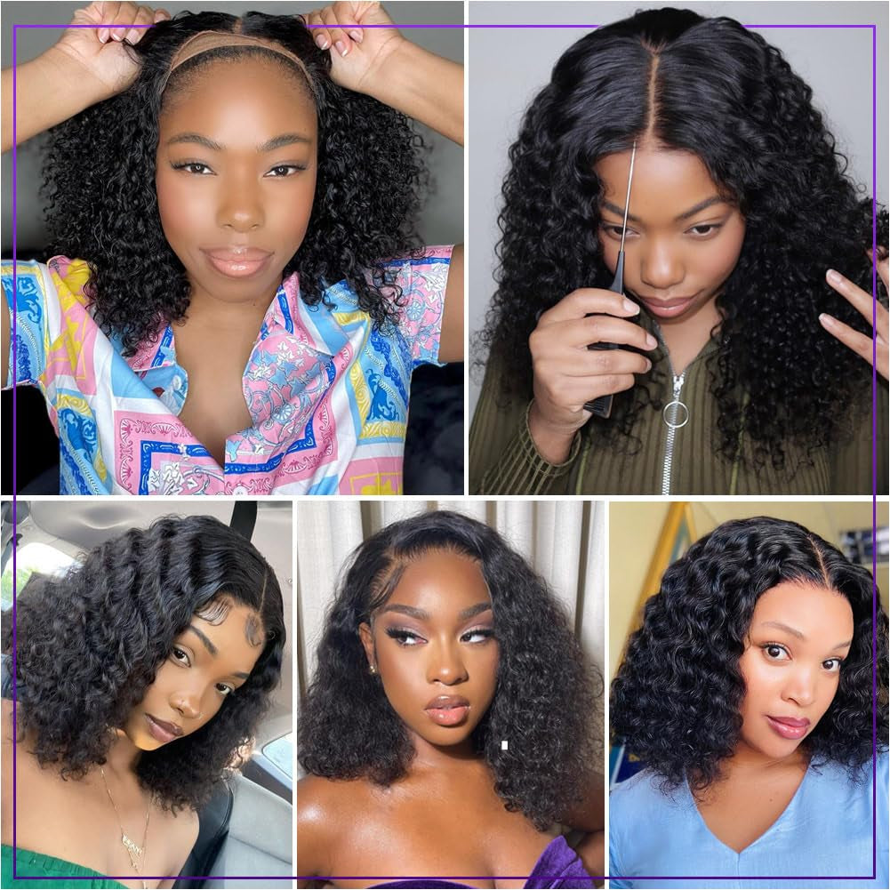 Glueless Curly Wigs Human Hair Pre Plucked Curly BOB Wig Human Hair 5X5 HD Lace Closure Wigs Human Hair Wigs for Women Black Deep Wave Pre Plucked Lace Wig Wear and Go 180 Density 14 Inch