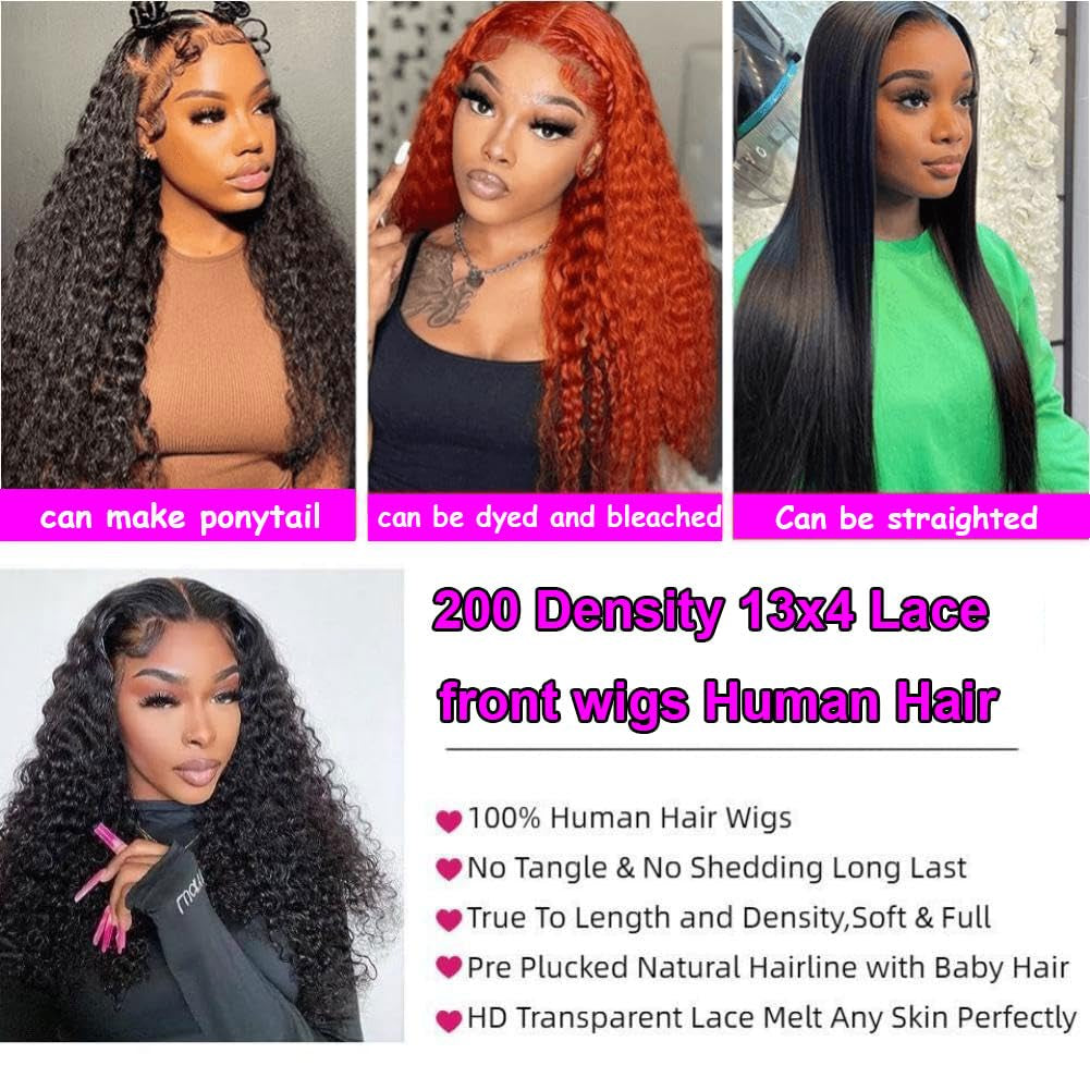 30 Inch Deep Wave Lace Front Wigs Human Hair 200 Density 13X4 HD Lace Frontal Wigs Human Hair Pre Plucked Deep Curly Glueless Wigs Human Hair for Women Natural Black