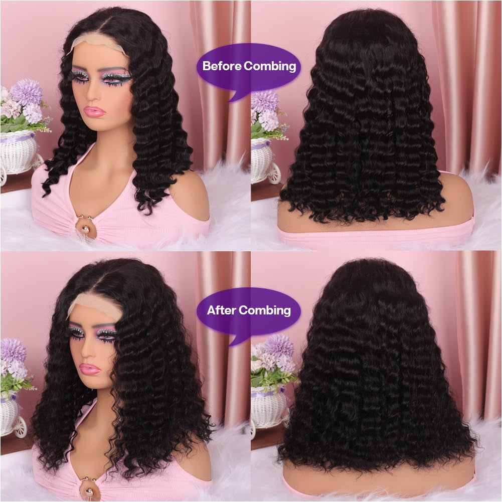 Glueless Curly Wigs Human Hair Pre Plucked Curly BOB Wig Human Hair 5X5 HD Lace Closure Wigs Human Hair Wigs for Women Black Deep Wave Pre Plucked Lace Wig Wear and Go 180 Density 14 Inch