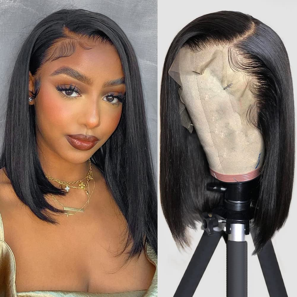 Bob Wig Human Hair 13X4 HD Lace Front Wig Glueless Wigs Human Hair Pre Plucked Short Bob Lace Front Wigs Human Hair for Black Women Nature Hairline 180% Density 14 Inch