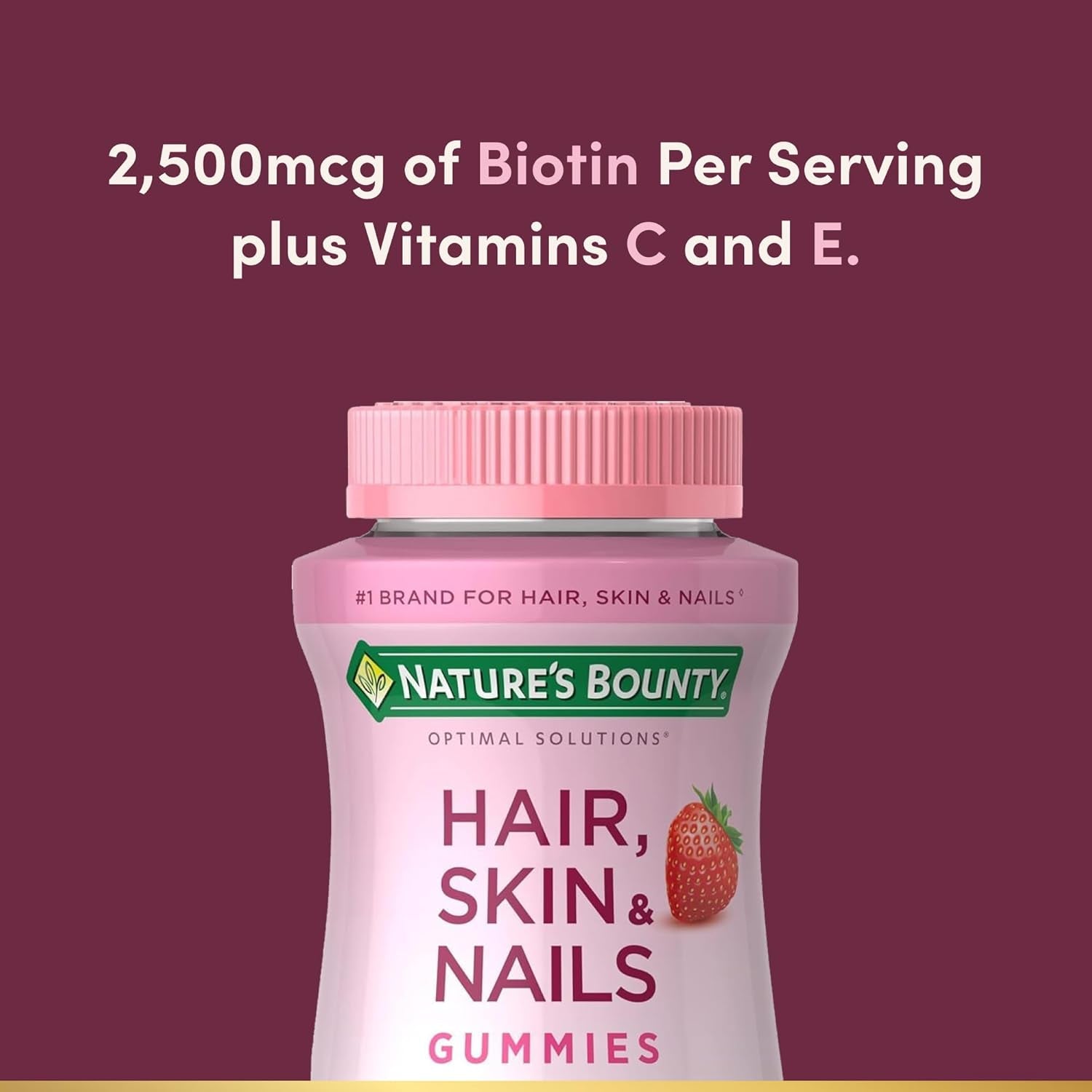 Hair, Skin & Nails with Biotin, Strawberry Gummies Vitamin Supplement, Supports Hair, Skin, and Nail Health for Women, 2500 Mcg, 140 Ct