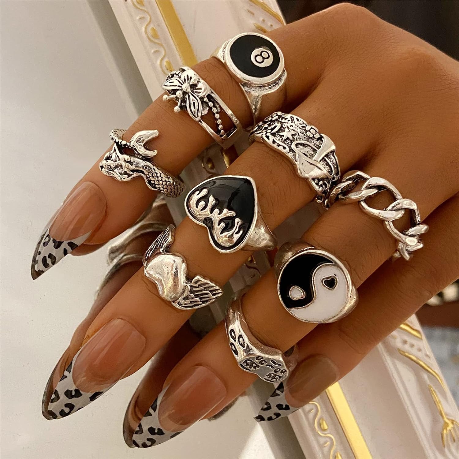 Vintage Silver Open Punk Rings for Men Women, 24PCS Adjustable Rings, Alt Rings, Chunky Silver Rings, Bulky Rings, Hippie Rings ,Cool Gothic Ring,Statement Stacking Ring, Skull Snake Star Flower Heart Eboy Emo Y2K Ring