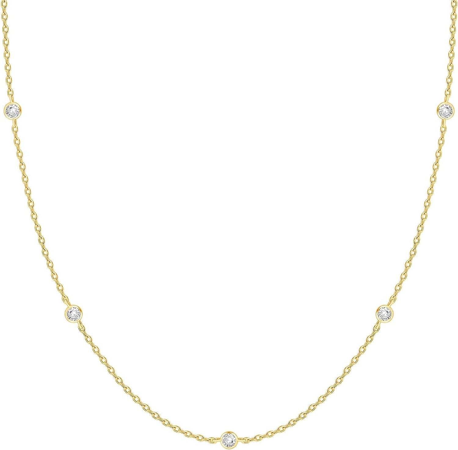 14K Gold Plated Station Necklace - Simulated Diamond BTY Layering Necklaces - Womens CZ Chain