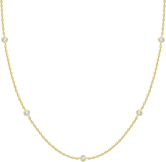 14K Gold Plated Station Necklace - Simulated Diamond BTY Layering Necklaces - Womens CZ Chain