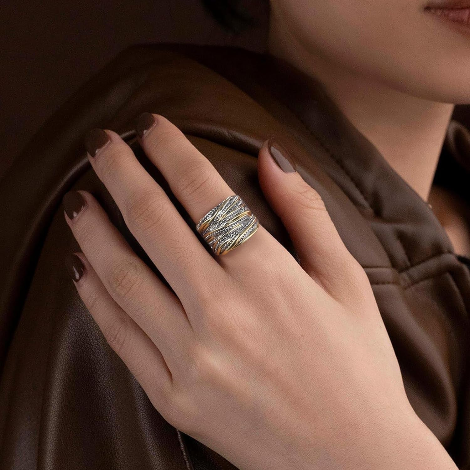 2 Tone Intertwined Crossover Statement Ring Fashion Chunky Band Rings for Women Black Gold Silver Rose Gold Plated Wide Index Finger Rings Costume Jewelry