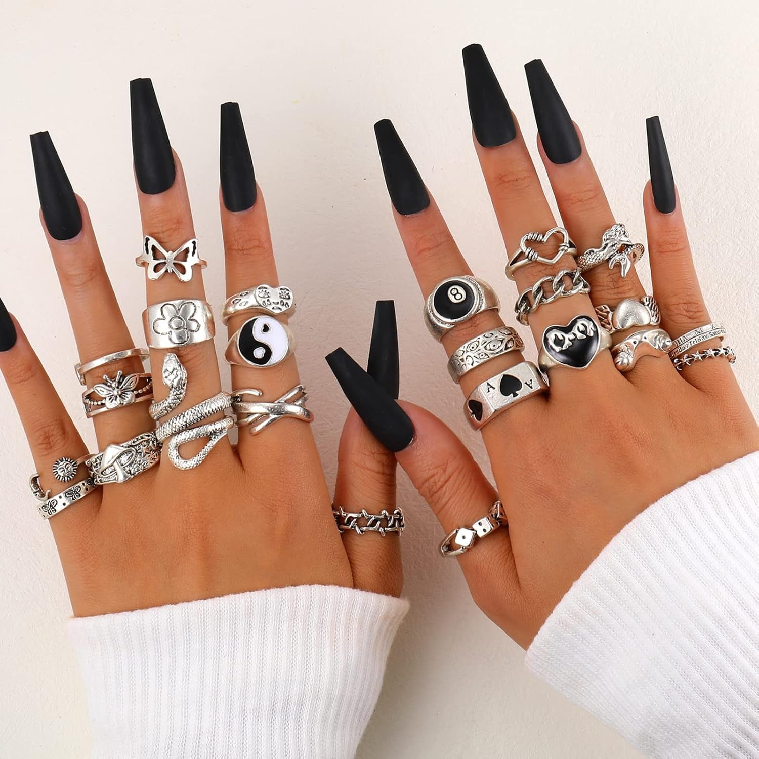 Vintage Silver Open Punk Rings for Men Women, 24PCS Adjustable Rings, Alt Rings, Chunky Silver Rings, Bulky Rings, Hippie Rings ,Cool Gothic Ring,Statement Stacking Ring, Skull Snake Star Flower Heart Eboy Emo Y2K Ring