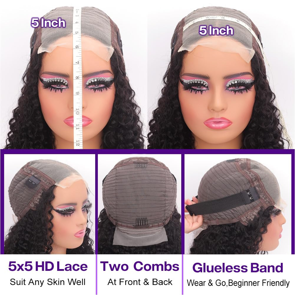 Glueless Curly Wigs Human Hair Pre Plucked Curly BOB Wig Human Hair 5X5 HD Lace Closure Wigs Human Hair Wigs for Women Black Deep Wave Pre Plucked Lace Wig Wear and Go 180 Density 14 Inch