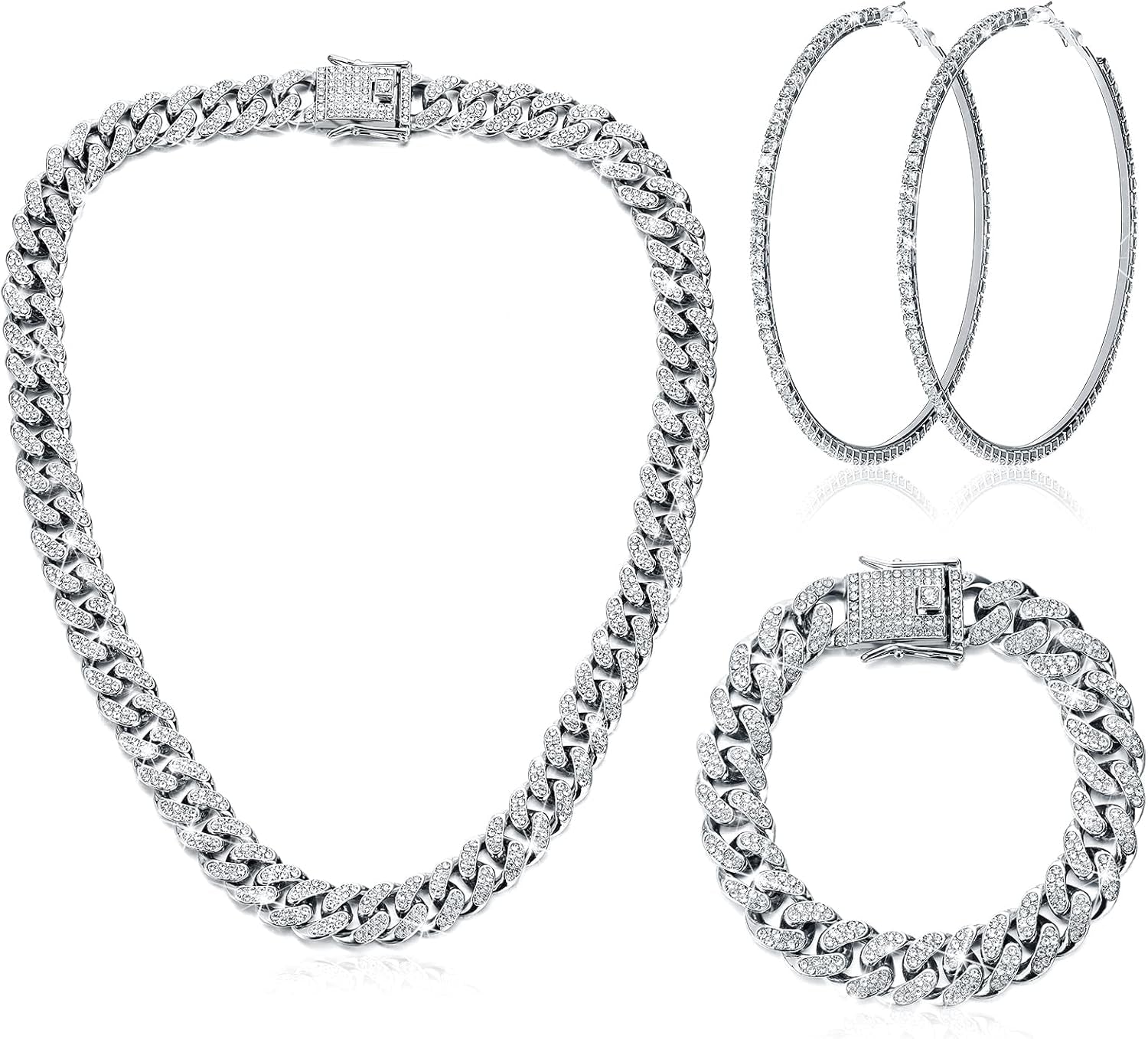Cuban Link Chain Necklace Bracelet Rhinestone Earrings Bling Necklace Bracelet Crystal Big Circle Earring for Women